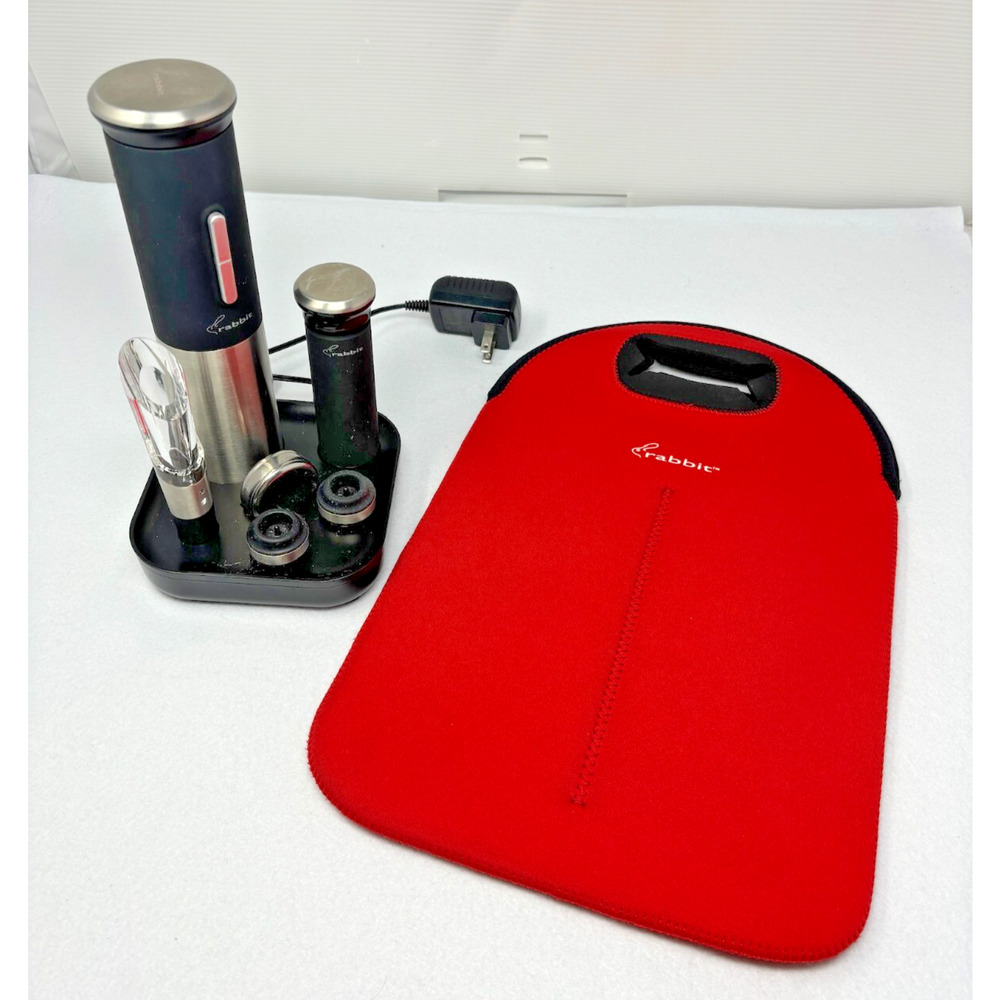 RABBIT Electric Wine Opener‎ 8pc Set with Charging Base Wine Bag Test Works